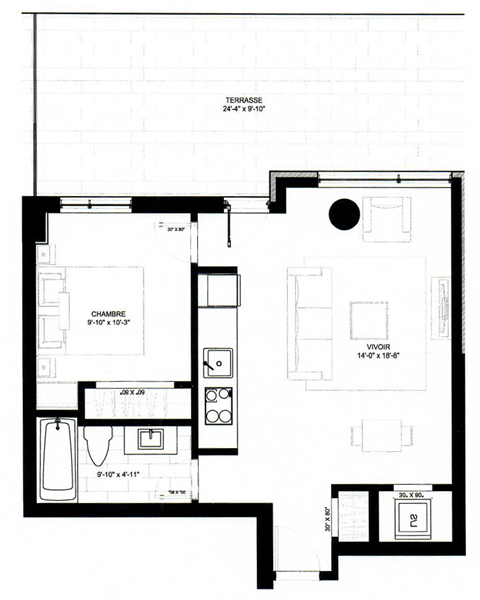 Floor plan for 1 bed, 1 bath, 596 sqft